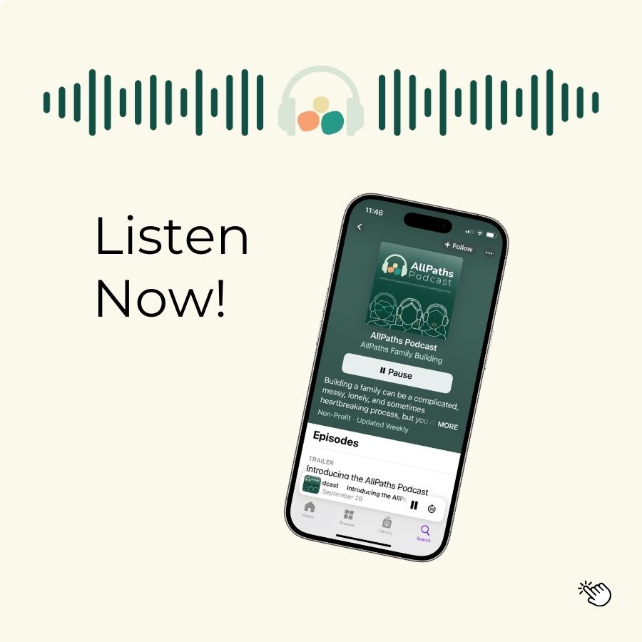 graphic saying: "Listen now" with a photo of a smart phone with the podcast show page showing [This graphic is clickable]