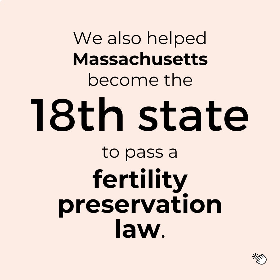 graphic saying: We also helped Massachusetts become the 18th state to pass a fertility preservation law. [clickable graphic]